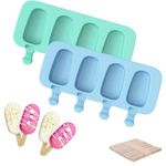 Skytail Silicone Big cakesicle Mould with 50 Wooden Sticks 4 Cavity Oval Shape Popsicle Mold Reusable Ice Pop Makers Ice Cream Kulfi Candy Lolly for Children & Adults Choco bar Mould Pack of (2)