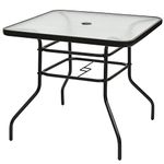 KOTEK 32'' Patio Table with Umbrella Hole, Outdoor Bistro Table w/Tempered Glass Top & Sturdy Metal Frame, Square Patio Dining Table Coffee Table for Garden, Balcony, Poolside