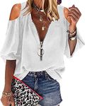 Cnkwei Womens V-Neck Lantern Sleeve Blouse Zipper Design Loose Casual Top Shirts, Z-white, Small