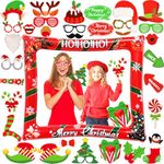 Christmas Party Photo Booth Props Frame, Christmas Inflatable Selfie Photo Frame with 32 PCS Funny Christmas Photo Booth Props for Christmas Party Decoration Supplies（Red）