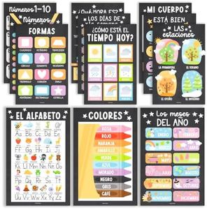 Hadley Designs Spanish Classroom Decorations - 12 Spanish Posters for Classroom Decor, Abecedario para Niños en Español, 11x17 Laminated Chalkboard Bilingual Educational Posters for Toddlers 1-3