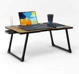 Radiant Multipurpose Foldable Laptop Table, Cup Holder, Drawer, Mac Holder, Study Table, Breakfast Table, Portable, Ergonomic, Rounded Edges, Non-Slip Legs (Wooden)