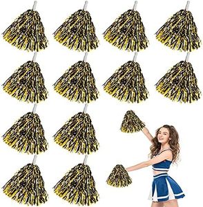 EsLuker.ly 12 Pack Cheerleading Pom Poms with Baton Handle, Metallic Foil Pom Poms Hand Flowers Cheerleader Pompoms for Sports Cheers Ball Dance Fancy Dress Night Party (Black/Gold)