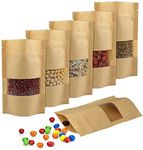 150Pcs Kraft Zipper Pouch Stand Up Food Bag 3.5 x 5.5 Inch, Clear Window Kraft Paper Pouch Reusable Food Storage Bags with Zipper Lock for Nuts, Coffee Beans, Tea Leaves, Spices