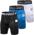 YUSHOW Compression Shorts Mens 3 Pack Sports Anti-Chafing Underwear Base Layer Shorts Quick Dry Running Shorts with Phone Pockets Cycling Tights for Workout Athletic Rugby Short Protect Leg Skin