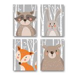 Set of 4 Nursery Baby Room Posters, DIN A4 Pictures, Girls’/Boys’ Decoration for Children's Rooms, Forest Animals, Safari, Scandinavian grey