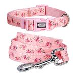 YUDOTE Puppy Collar and Lead Set,Strong Nylon Collar Leash Matching Kit for Extra Small Active Female Dogs Daily Use,Floral Pink