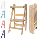 TOYBOX Learning Tower, Montessori Toddler Kitchen Tower, Foldable & Compact Learning Helper Stool for Toddlers with Safety Rail (Natural Wood)