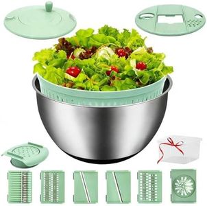 VVAKAM 5.3QT Salad Spinner Large,Stainless Steel Lettuce Spinner,Fruit Vegetables Wash Bowl with 5 Blade Slicer,Egg Yolk Strainer Slicer Shredder,Kitchen Colander for Salad Make and Food Washing