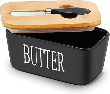 Webao Mantequera de cerámica, multifunción, esmaltada, con tapa de madera, recipiente para mantequilla de alta calidad con labio de sellado de silicona para 250 g de mantequilla, color negro