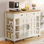 YITAHOME Kitchen Island with Storage Cabinet, Rolling Kitchen Cart on Wheels, Americana Kitchen Island Cabinet with Open Shelves for Kitchen Dining Room, Thicker Rubberwood Top, Off White