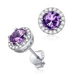 ChicSilver 925 Sterling Silver Purple Amethyst Crystal Stud Earrings For Women, 7mm Round Cut Gemstone February Birthstone Halo Cubic Zirconia Earrings Hypoallergenic