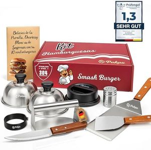 Pukpu Set Smash Burger 9 Pièces INOX - Contient Presse Burger, Moule a Steak Haché et Oeuf au Plat, 2 Spatules, Coteau a Steak, 2 Cloche à Burger et Salière - Livre de Recettes en Cadeau
