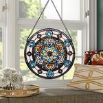 YOURANJU Stained Glass Window Hanging 12” Round Handicraft Sea Blue Flower Glass Window Panel Tiffany Style Window Suncatcher Perfect Window Hangings Housewarming Gift (with Chain Hook)