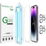 [2+2 Pack] amFilm OneTouch for iPhone 14 Pro 6.1", Glass Screen Protector with Camera Lens Protector. Easiest to Installation, Bubble Free and Full Coverage Case Friendly