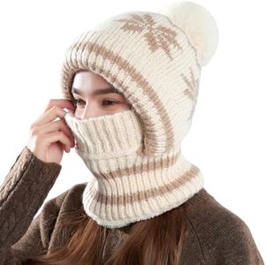 KAICAILA Winter Knitted Balaclava Women Hooded Beanie Hats Fleece Lined One Piece Neck Warmer Skull Cap Cold Weather