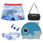 SHIFTER 1pc Swimming Costume for Boys,1pc Swimming Goggles,1pc Swimming Cap,Earplugs,Noseplug Set Combo for Kids Set-Premium Swimming Trunks- Swim Cap for Kids-Carry Bag (8-9 YEARS, MULTICOLOR)