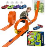 Flex Race Track 16 Ft with Suction Cups Compatible with Diecast 1/64th Cars, Flexible Car Track Toys for Ages 3+ Kids Toddlers Roll Out Portable Racetrack (Orange)