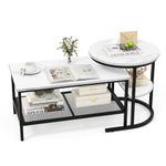 GOFLAME Nesting Coffee Table Set of 2, 2 PCS Nesting Tables with Faux Marble Top and Extra Storage Shelf, Modern Round End Table & Rectangular Coffee Tables for Living Room, Bedroom (Black + White)