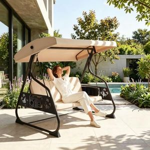 HugCoz 3 Seat Outdoor Porch Patio Swing with Stand & Canopy for Yard