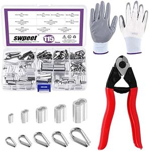 Swpeet 122Pcs Cable Wire Rope Cutter Tool Set, 8 Inch Cable Cutter Up to 5/32", with 5 Size Aluminum Double Crimping Loop Sleeve, 5 Size Stainless Steel Thimble and Cut Work Resistant Gloves