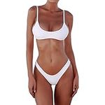 SherryDC Women's Solid Scoop Neck Push up Padded Brazilian Thong Bikini Swimsuit Bathing Suit, White, Small