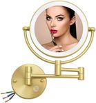 RECKODOR 8'' Lighted Makeup Mirror Wall Mounted Gold,Round Double Sided 1/5X Magnifying Vanity Mirror Light,360 Swivel Cosmetic Mirror Bathroom,Touch Dimmable,Brass Brushed Gold,Hardwired RECK06-M-HW