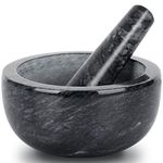 Parmedu Marble Mortar and Pestle Set: Kitchen Grinder from Natural Marble in Large Size 5.5in in Diameter - Manual Spice Grinder Pills Crusher with Pestle in Black