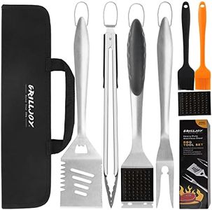 grilljoy 6PCS Heavy Duty BBQ Grill Tools Set - Extra Thick Stainless Steel Spatula, Fork, Tongs & Cleaning Brush - Complete Barbecue Accessories Kit with Portable Bag - Perfect Grilling Tool Set Gift