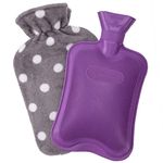 HomeTop Premium Classic Rubber Hot or Cold Water Bottle with Soft Fleece Cover (2 Liters, Purple/Gray Polka Dot)