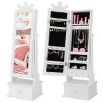 COSTWAY Free Standing Full Length Mirror, Kids Jewelry Cabinet Armoire with 3 Storage Drawers, Adjustable Tilt Angles, Child's Vanity Dress Up Mirrors for 3 + Years Old (White)