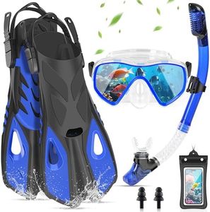 IEEILULU Masque Plongée Anti Buée et Tuba Sec, Kit de Plongée Adulte 7 Pièces avec Palmes Réglables, Pochette Étanche, Bouchons d'oreille, Kits de Randonnée Aquatique pour Homme Femme (Bleu, L/XL)