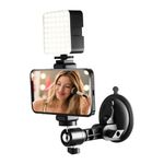 Mirror Suction Cup Phone Holder with Light for Content Creator Essentials, Travel Wall Phone Camera Mount for Makeup, Mirror Tripod for Bathroom Kitchen Compatible with All Smooth Surface