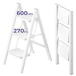 JOISCOPE 3 Step Ladder With Anti Slip Wide Treads Step Stool, 270 KG Load Capacity Lightweight Folding Step Ladder, Portable Step Stool, Indoor/Outdoor Multifunctional Safety Household Ladder, White