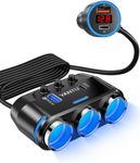 YANTU QC3.0 & PD 90W car charger adapter, 120W 3-Socket Cigarette Lighter adapter/Splitter with Blue Lights,12V usb socket with Double/Dual Plug/Port & Extension Lead for all Car Devices