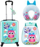 Sanwuta 4 Pcs Kids Luggage Set Kids Backpack Travel Rolling Suitcase with Wheels U-shape Pillow Christmas Gift for Girls Boys, Green, 17 Inch, Owl Style