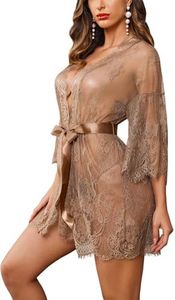 Avidlove Women's Lace Kimono Robe Sexy Babydoll Lingerie Mesh Nightgown Khaki