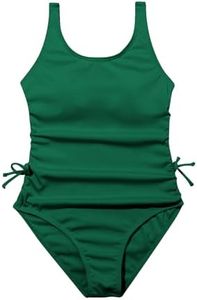 OYOANGLE Girl's Cute Spaghetti Straps Round Neck Drawstring One Piece Swimwear Tie Bathing Suit Dark Green 14 Years
