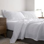 Simple&Opulence 100% Linen Sheet Set with Embroidery Washed - 4 Pieces (1 Flat Sheet & 1 Fitted Sheet & 2 Pillowcases) Natural Flax Soft Bedding Breathable Farmhouse - White, King Size