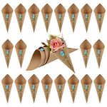 WANDIC Kraft Paper Cones, 50 Pcs Wedding Confetti Paper Cones Bouquet Petals Bags Boxes with Blue Horseshoe Flowers Stickers for Wedding Party Gifts Packing