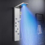 KINKIBOS Brushed Shower Panel Tower System with Thermostatic Mixer, 6-Function Shower Column with LED Rain＆Mist Shower, 4 Massage Jets, Handheld Shower and Tub Spout, 304 Stainless Steel