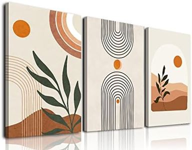 Boho Wall Art Set of 3, MidCentury Modern Wall Prints Framed Canvas Paintings Minimalist Abstract Geometric Beige Orange Moon Plant Desert Nature Illustrations Artwork, Boho Wall Decor Ready To Hang