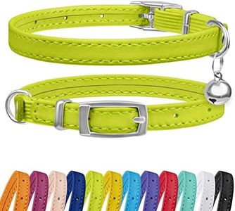 CollarDirect Leather Cat Collar with Bell - Kitten Collar, Small and Big Cat Collar for Boy Cats, Girl Cats with Safety Elastic Strap (Neck Fit 6"-7", Lime Green)