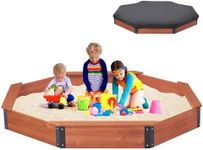 85''x78''x9'' Octagon Sandbox with Cover for Kids Outdoor Play, Wood Large Sandpit with 4 Benches, Quick Easy Install