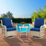 GAOMON 3 Pieces Outdoor Swivel Rocker Chair Set of 2 with Small Side Table, 360-Degree Swivel Rocking Chair, Outdoor Rocking Chair Set for Patio Porch Pool(Light Beige Wicker/Blue Cushion)