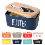 Ceramic Butter Dish with Wooden Lid, Lesige Large Butter Container Keeper Storage with Stainless Steel Butter Knife Spreader, Bamboo Cover and Silicone Sealing Ring for West East Coast Butter, Blue