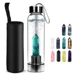 Calitch Crystal Water Bottle, Removable Natural Crystal Quartz Glass Water Bottle, Healing Natural Quartz Water Bottle BPA and BPS Free Durable, Portable Leak Proof Gemstone Bottle 550ml (Emeraldine Green+Bottle)