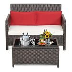 RELAX4LIFE 2-Piece Wicker Outdoor Loveseat, Patio Furniture Set w/Love Seat, Glass-Top Coffee Table & Cushions, 2-Seater Conversation Sofa Couch for Balcony Porch, Rattan Patio Loveseat with Table