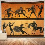 Ancient Greece Warrior Tapestry, Minotaur Hunting Centaur Black Figure Pottery Classical Greek Style Gods Wall Hangings Tapestry for Bedroom Living Room Office Dorm Man Cave Background(80x60 Inch)