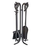 Plow & Hearth 5 Piece Hand Forged Iron Compact Fireplace Tool Set Poker Tongs Shovel Broom and Stand Shepherd's Hook Style Wood Stove Firepit Accessories Natural Black Finish 10.25 sq. x 20 H